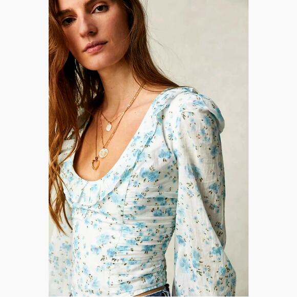 Free People Another Life Top White Combo Blue Floral Print L - Picture 2 of 16